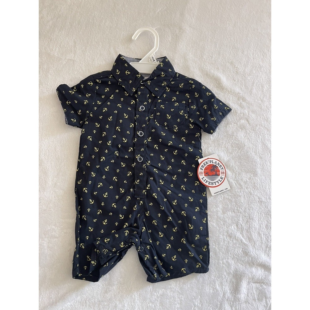 Free Planet Baby infant kids boy romper jumpsuit Anchor Navy Blue Button Front